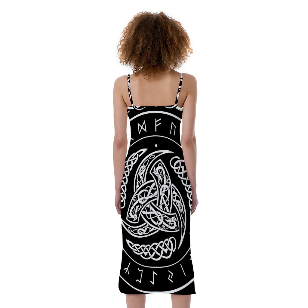 Viking Triple Horn Of Odin Print Slim Fit Midi Cami Dress