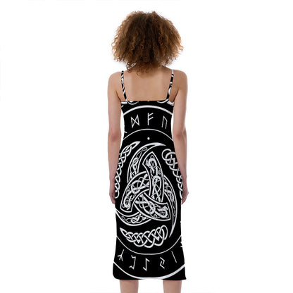 Viking Triple Horn Of Odin Print Slim Fit Midi Cami Dress