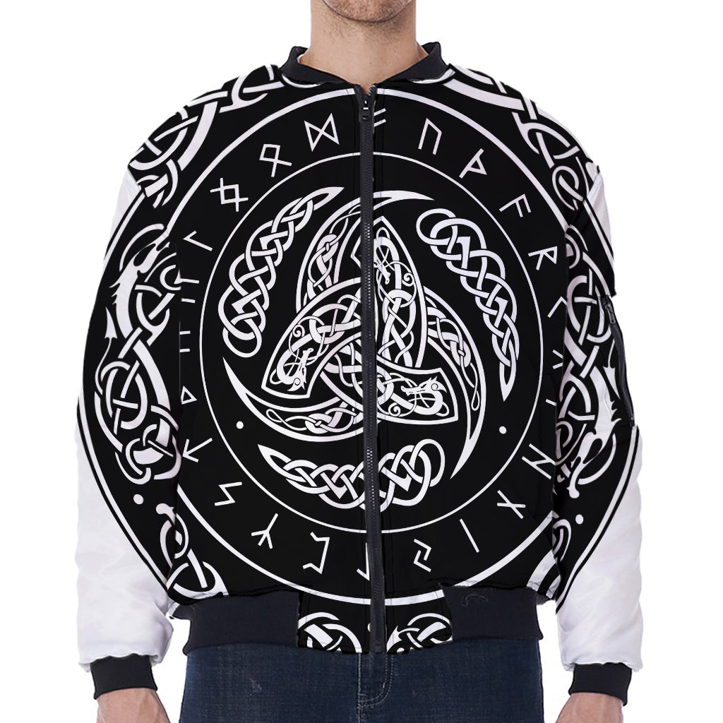 Viking Triple Horn Of Odin Print Zip Sleeve Bomber Jacket