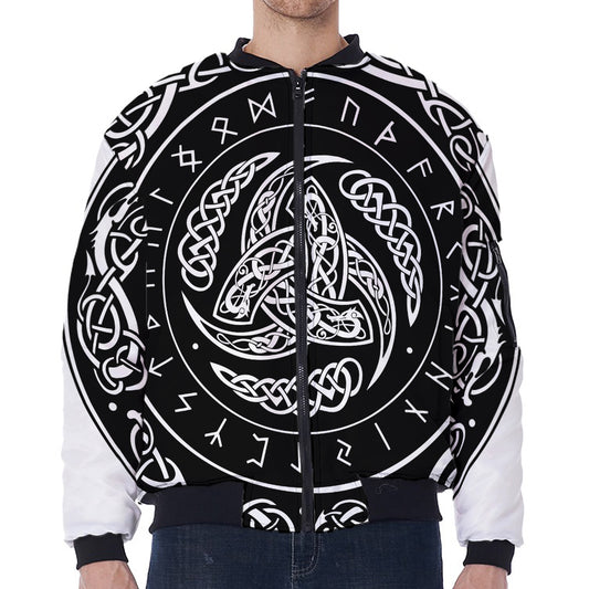 Viking Triple Horn Of Odin Print Zip Sleeve Bomber Jacket