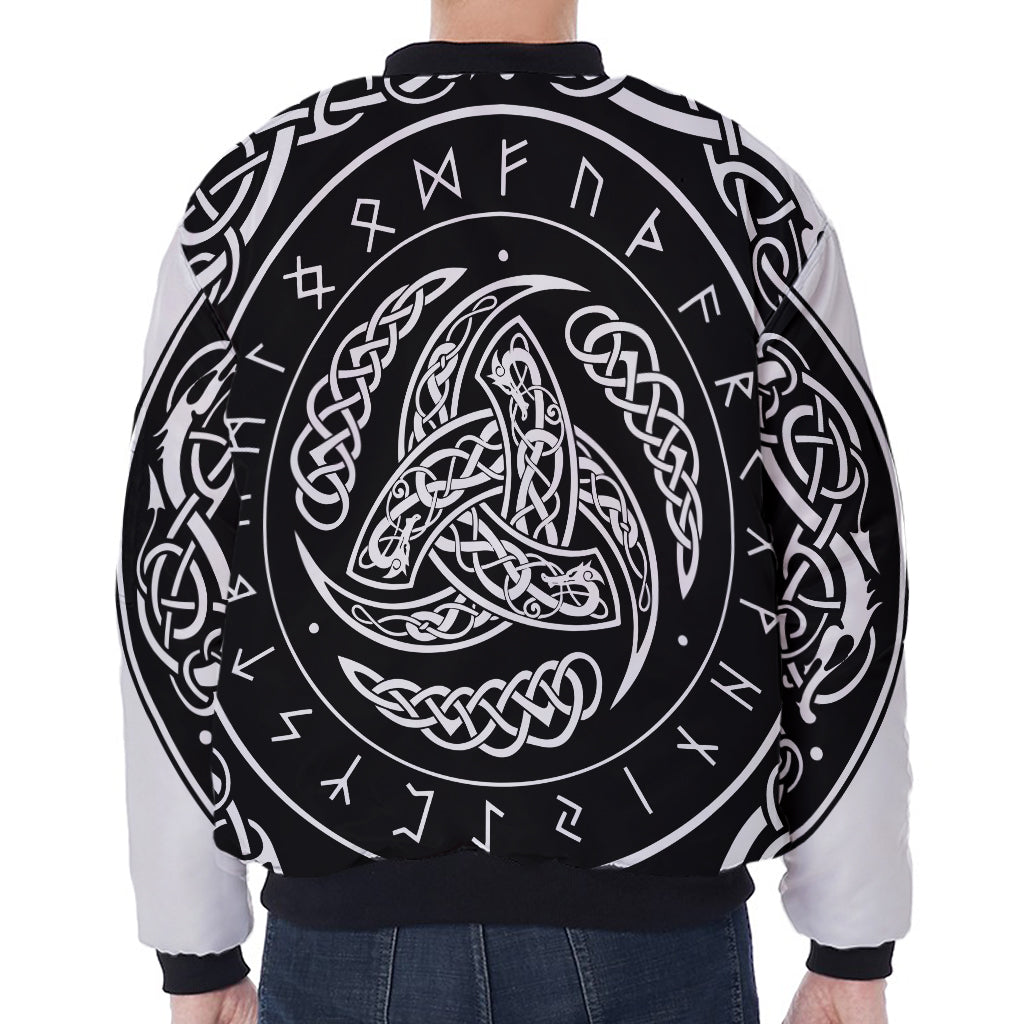 Viking Triple Horn Of Odin Print Zip Sleeve Bomber Jacket