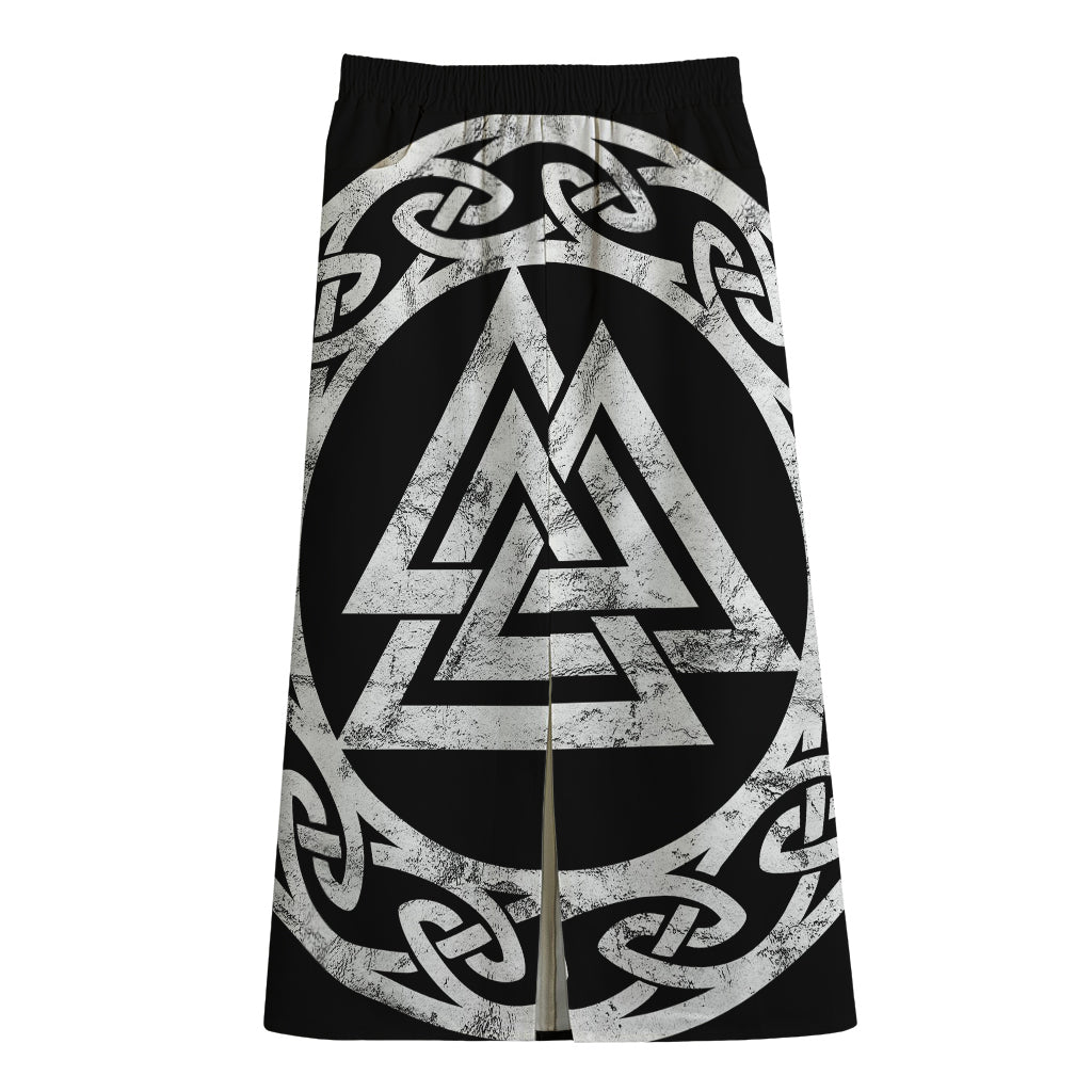 Viking Valhalla Symbol Print Cotton Front Slit Maxi Skirt