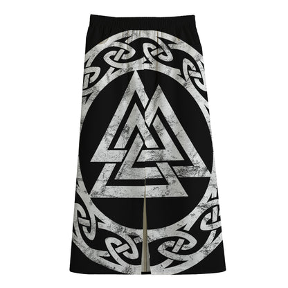 Viking Valhalla Symbol Print Cotton Front Slit Maxi Skirt