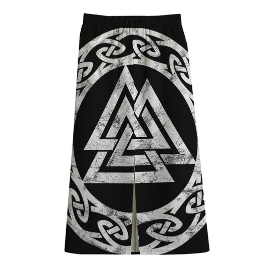 Viking Valhalla Symbol Print Cotton Front Slit Maxi Skirt