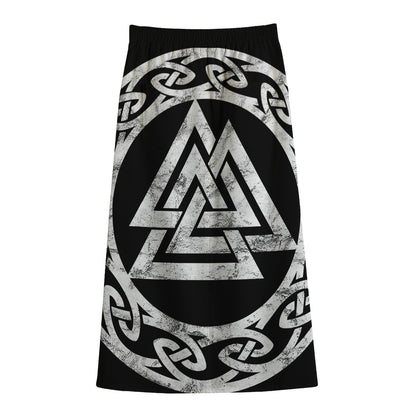 Viking Valhalla Symbol Print Cotton Front Slit Maxi Skirt