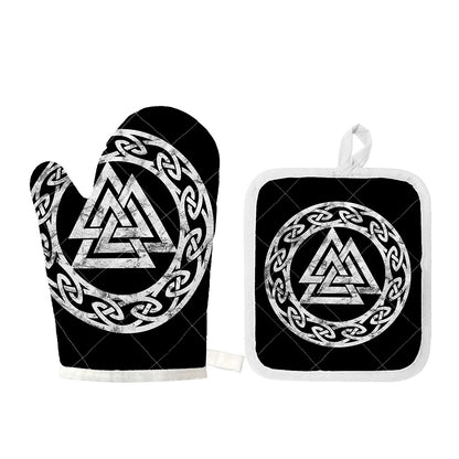 Viking Valhalla Symbol Print Oven Mitt And Pot Holder Set