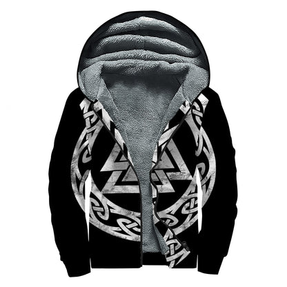 Viking Valhalla Symbol Print Sherpa Lined Zip Up Hoodie