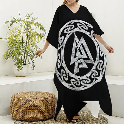 Viking Valhalla Symbol Print Silk V-Neck Kaftan Dress