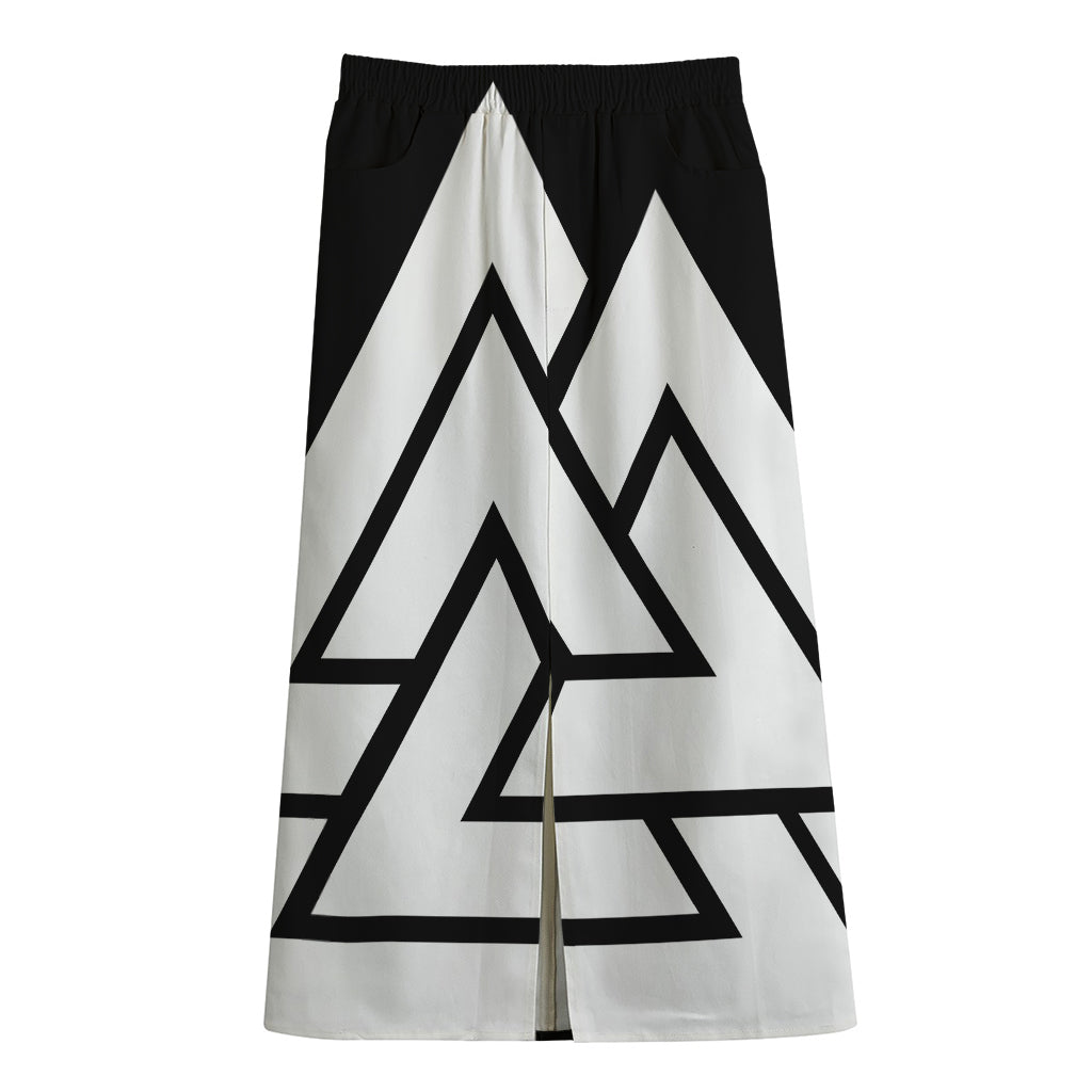 Viking Valknut Symbol Print Cotton Front Slit Maxi Skirt