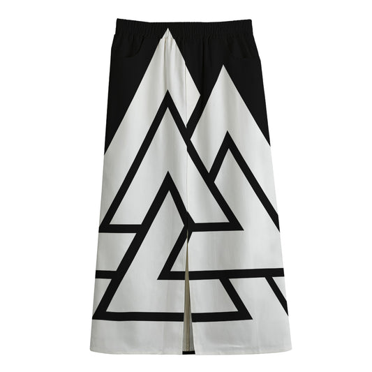 Viking Valknut Symbol Print Cotton Front Slit Maxi Skirt