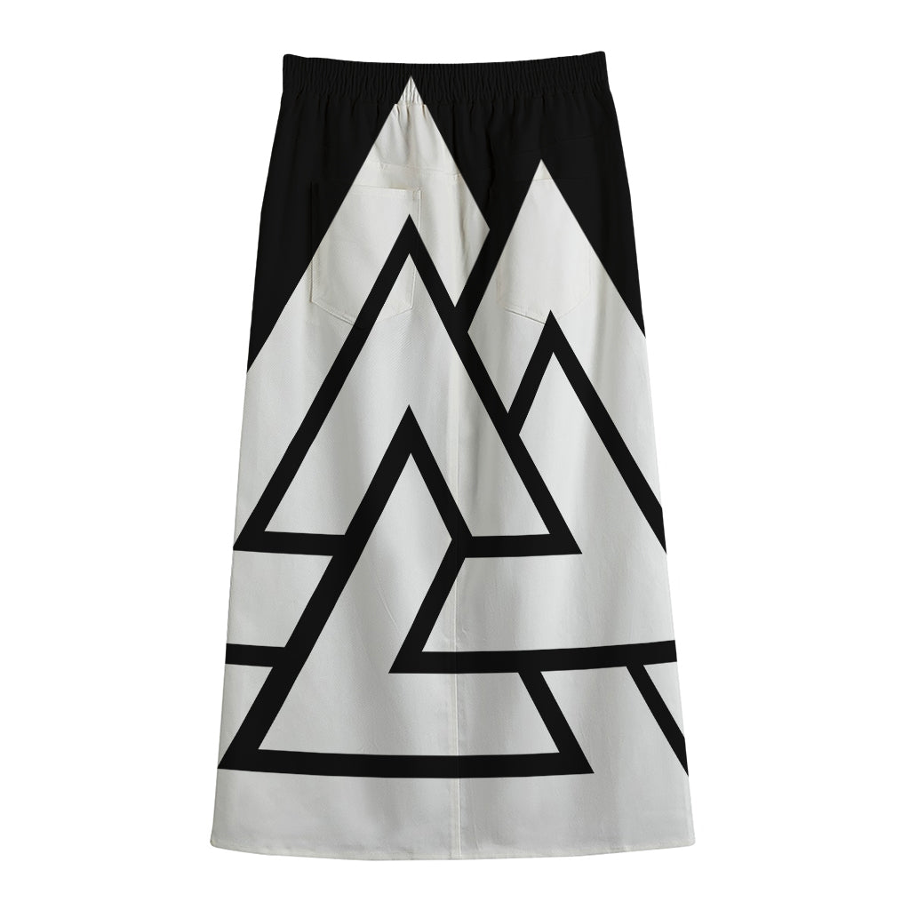 Viking Valknut Symbol Print Cotton Front Slit Maxi Skirt