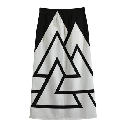 Viking Valknut Symbol Print Cotton Front Slit Maxi Skirt