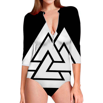 Viking Valknut Symbol Print Long Sleeve Swimsuit