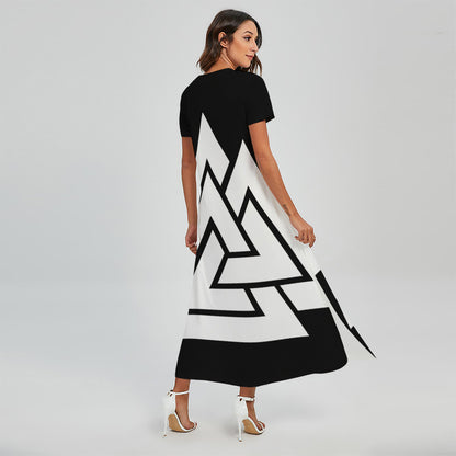 Viking Valknut Symbol Print Short Sleeve Maxi Dress