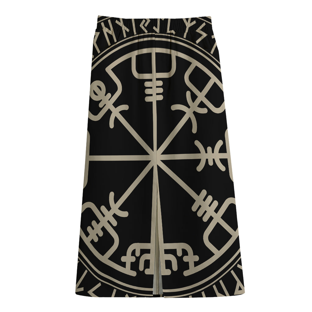 Viking Vegvisir Print Cotton Front Slit Maxi Skirt