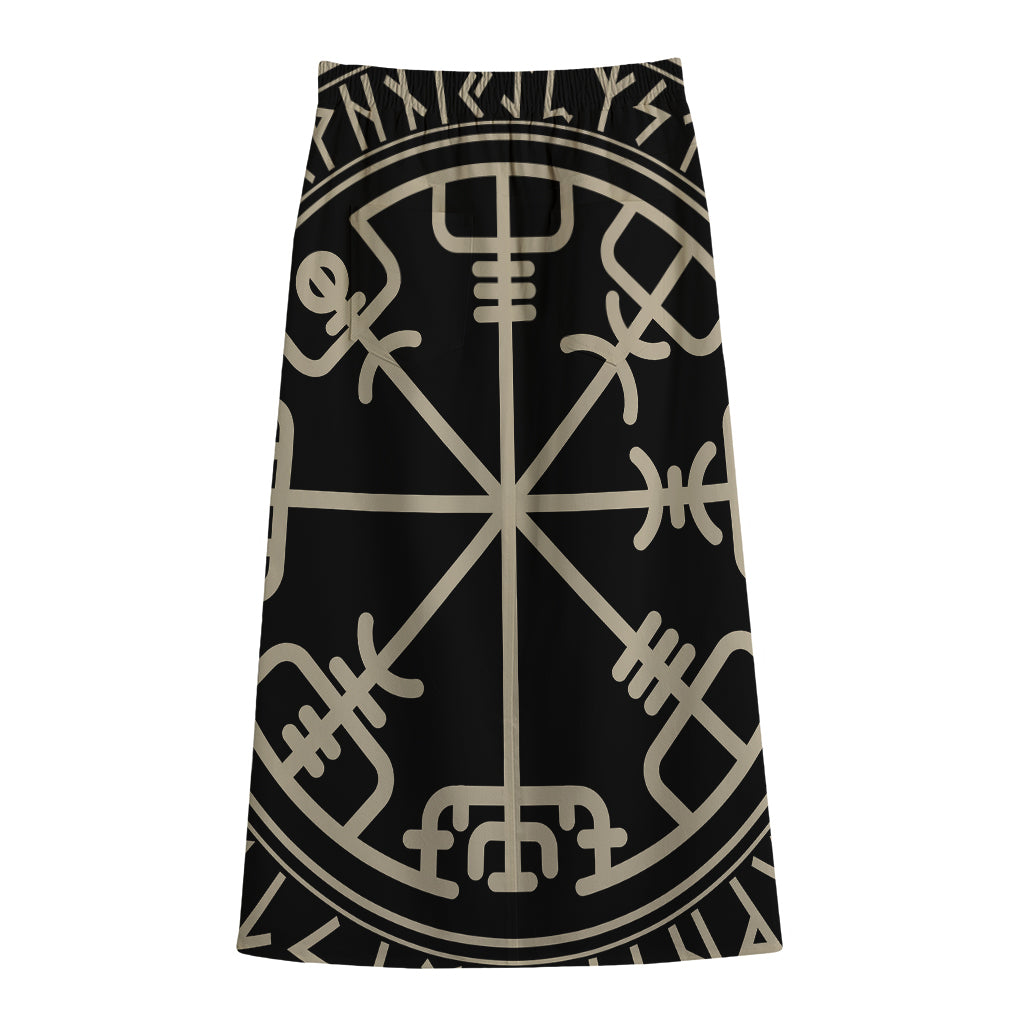 Viking Vegvisir Print Cotton Front Slit Maxi Skirt