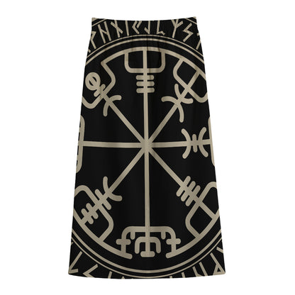 Viking Vegvisir Print Cotton Front Slit Maxi Skirt