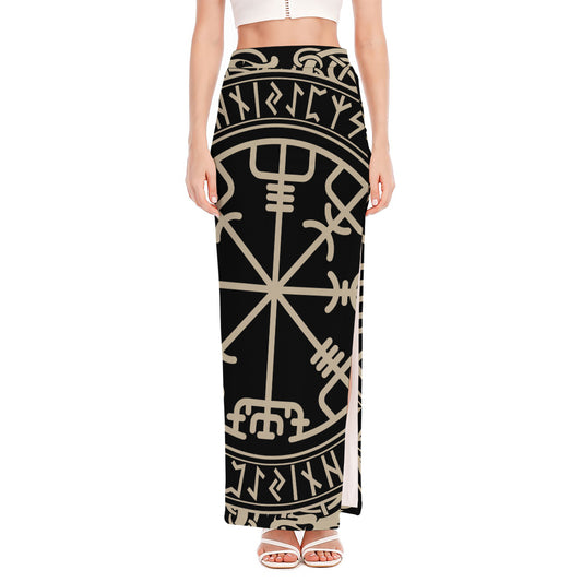 Viking Vegvisir Print High Slit Maxi Skirt