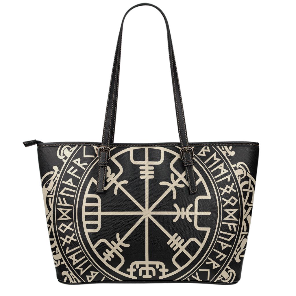 Viking Vegvisir Print Leather Tote Bag