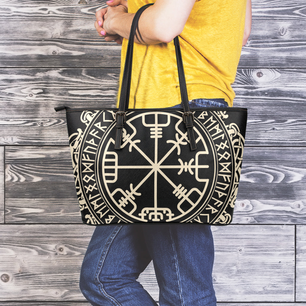 Viking Vegvisir Print Leather Tote Bag