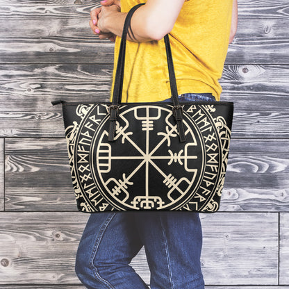 Viking Vegvisir Print Leather Tote Bag