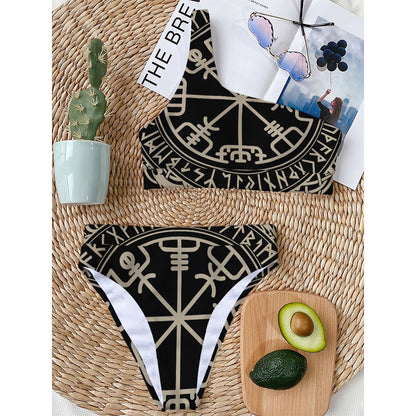 Viking Vegvisir Print One Shoulder Bikini Top