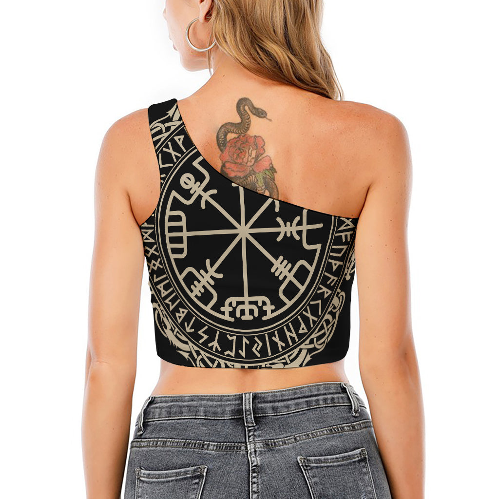 Viking Vegvisir Print One Shoulder Crop Top