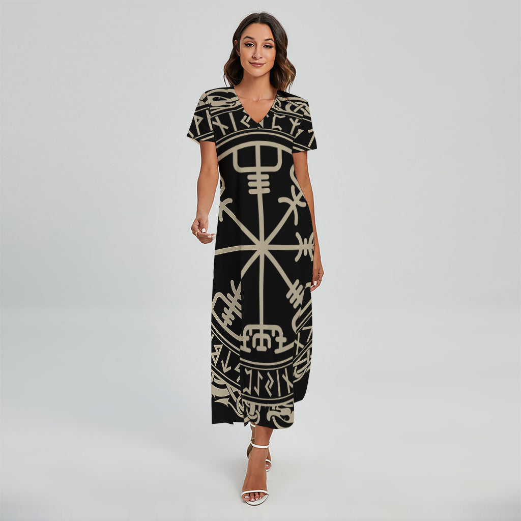 Viking Vegvisir Print Short Sleeve Maxi Dress