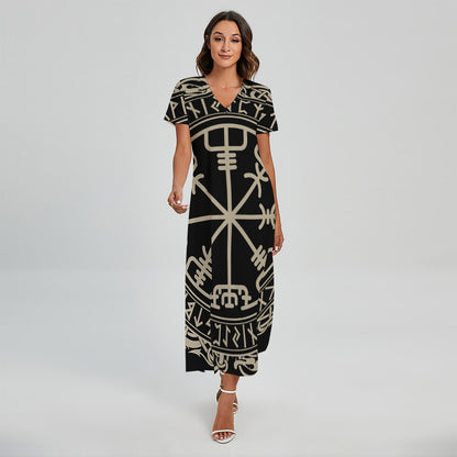 Viking Vegvisir Print Short Sleeve Maxi Dress