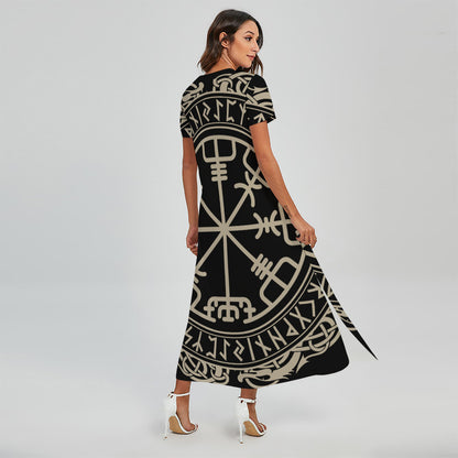 Viking Vegvisir Print Short Sleeve Maxi Dress