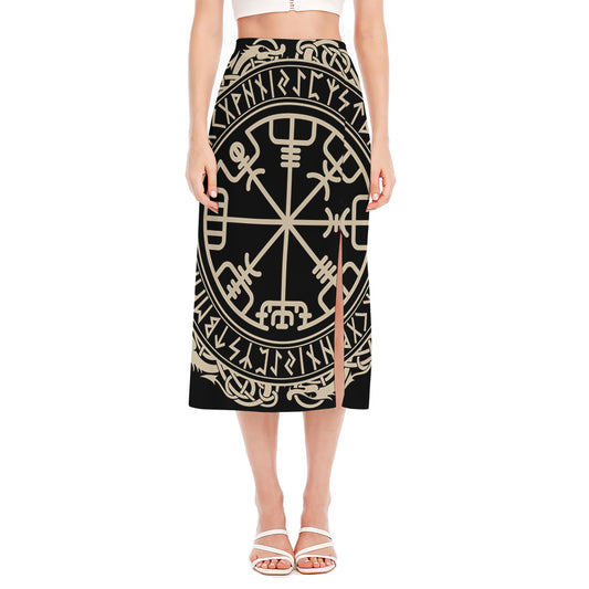 Viking Vegvisir Print Side Slit Midi Skirt