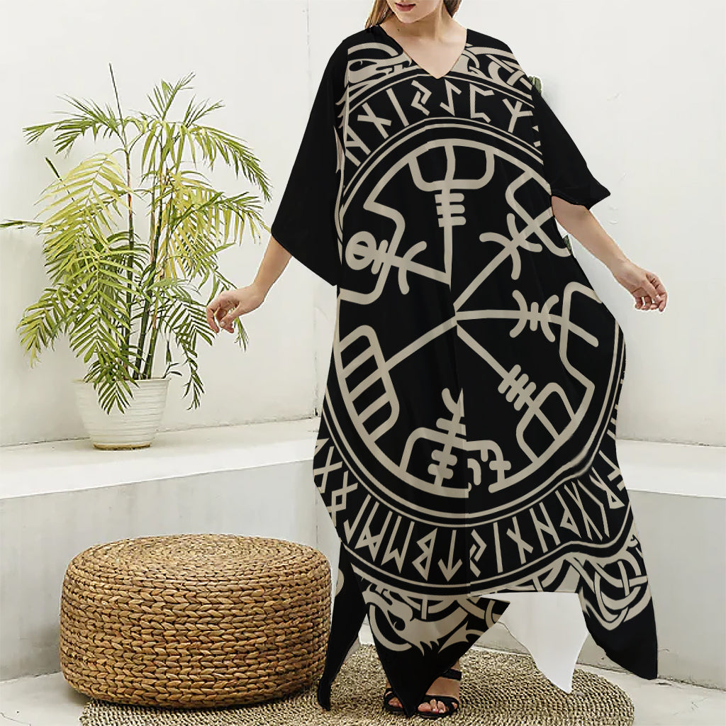 Viking Vegvisir Print Silk V-Neck Kaftan Dress