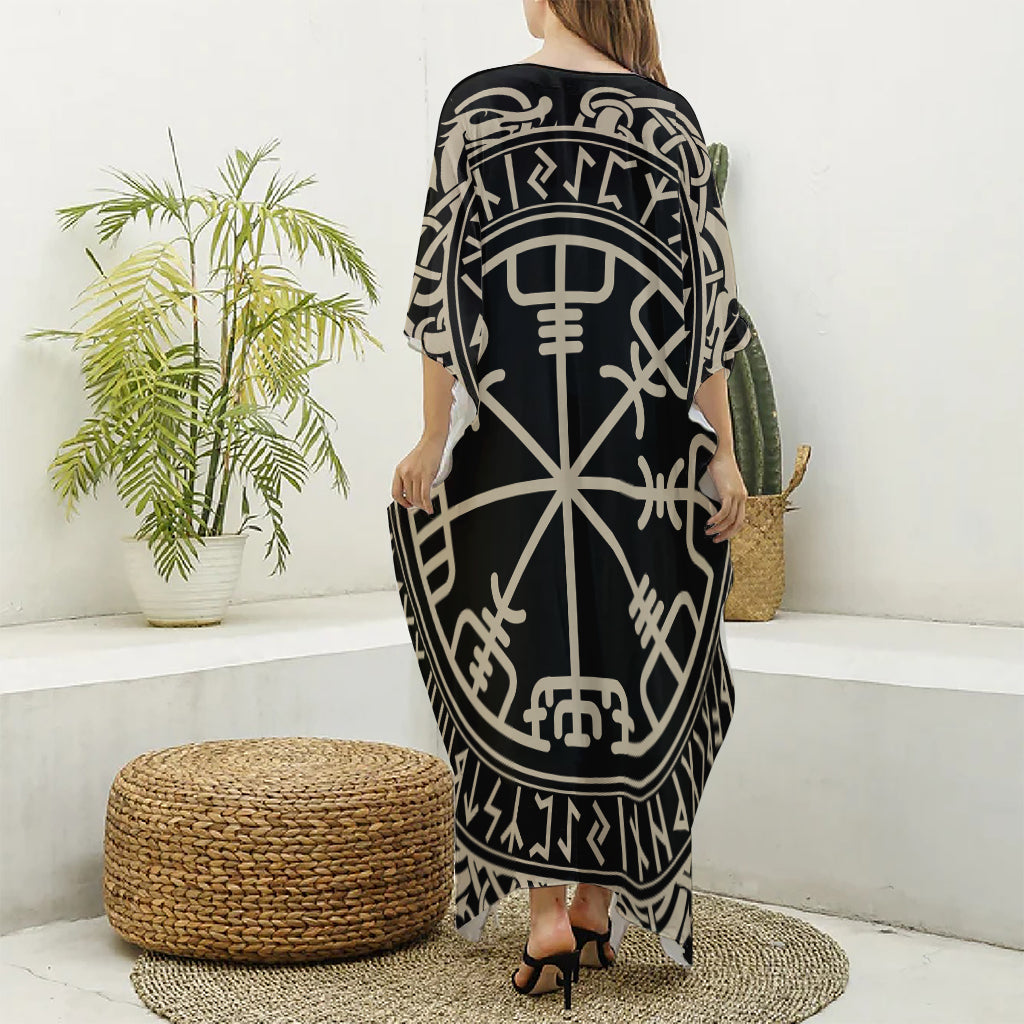 Viking Vegvisir Print Silk V-Neck Kaftan Dress