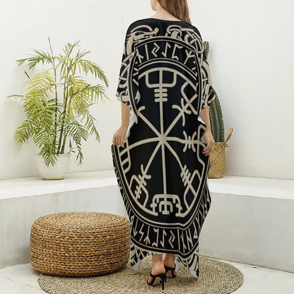 Viking Vegvisir Print Silk V-Neck Kaftan Dress