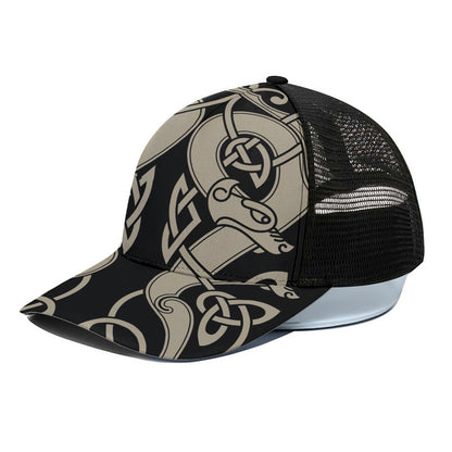 Viking Wolves Symbol Print Black Mesh Trucker Cap