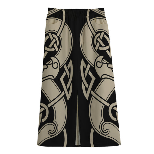 Viking Wolves Symbol Print Cotton Front Slit Maxi Skirt