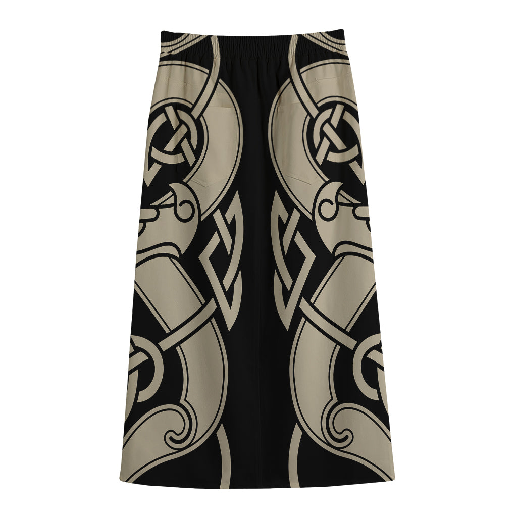 Viking Wolves Symbol Print Cotton Front Slit Maxi Skirt