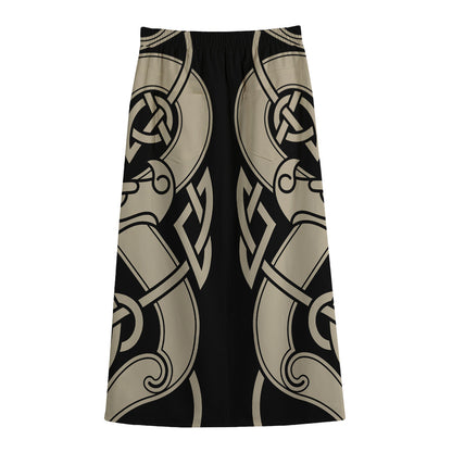 Viking Wolves Symbol Print Cotton Front Slit Maxi Skirt
