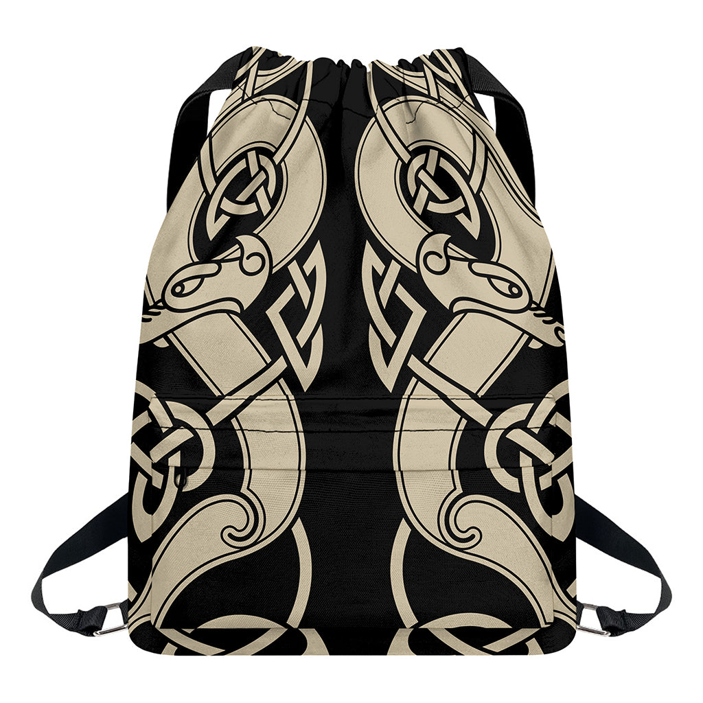 Viking Wolves Symbol Print Drawstring Backpack