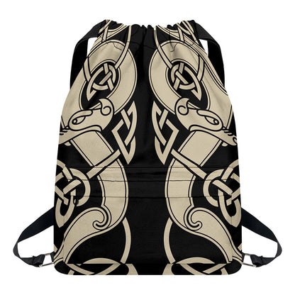 Viking Wolves Symbol Print Drawstring Backpack
