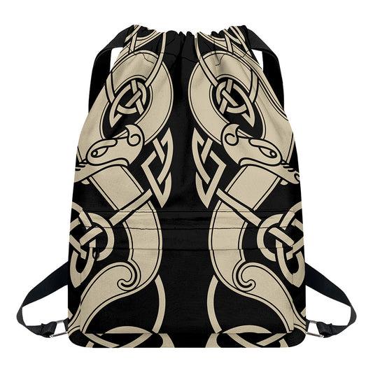 Viking Wolves Symbol Print Drawstring Backpack