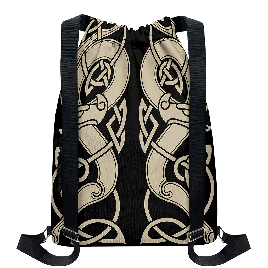 Viking Wolves Symbol Print Drawstring Backpack