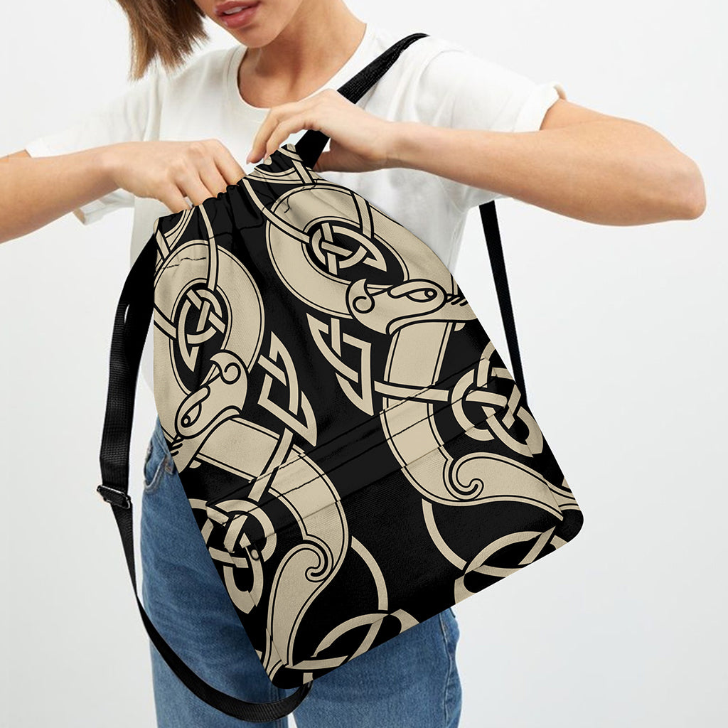 Viking Wolves Symbol Print Drawstring Backpack