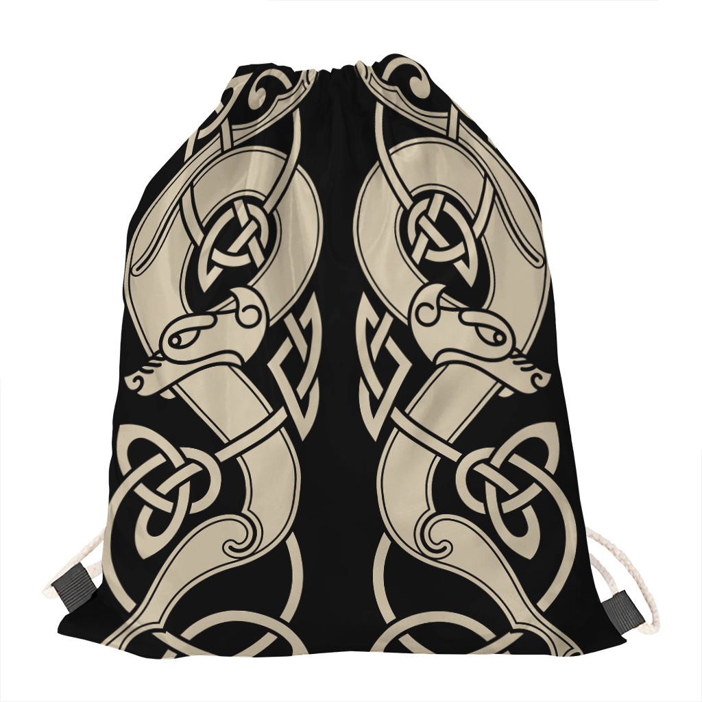 Viking Wolves Symbol Print Drawstring Bag