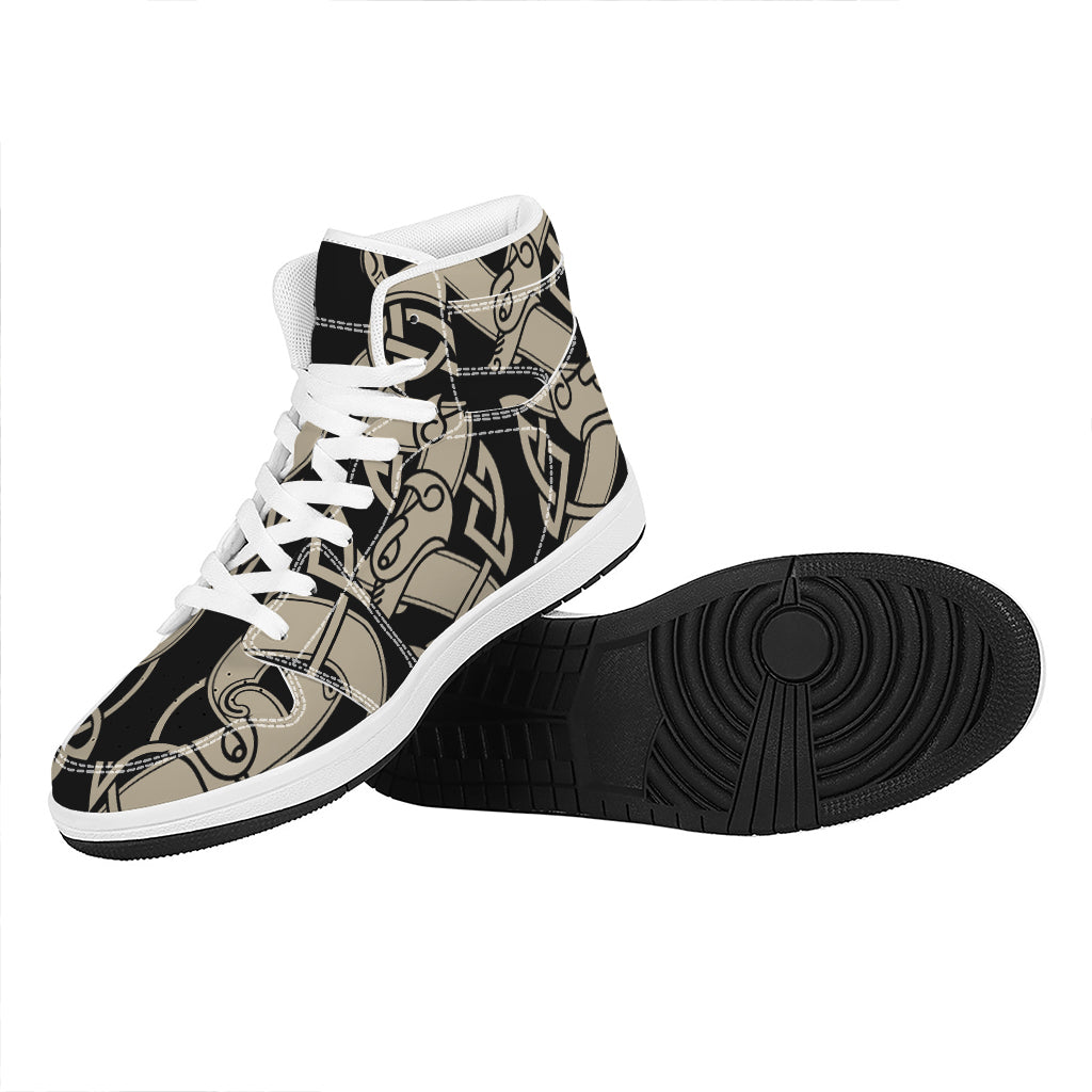 Viking Wolves Symbol Print High Top Leather Sneakers