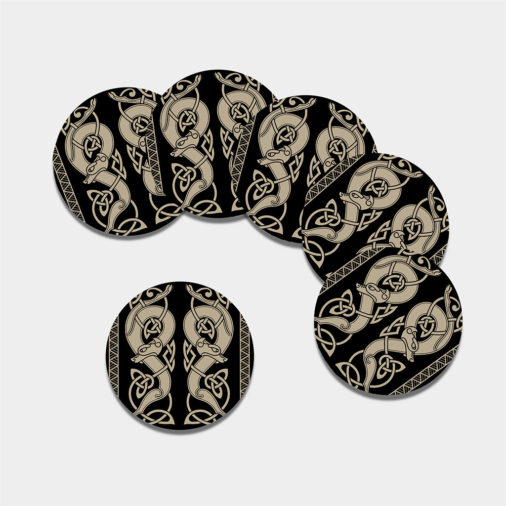 Viking Wolves Symbol Print Leather Coaster Set
