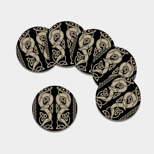 Viking Wolves Symbol Print Leather Coaster Set