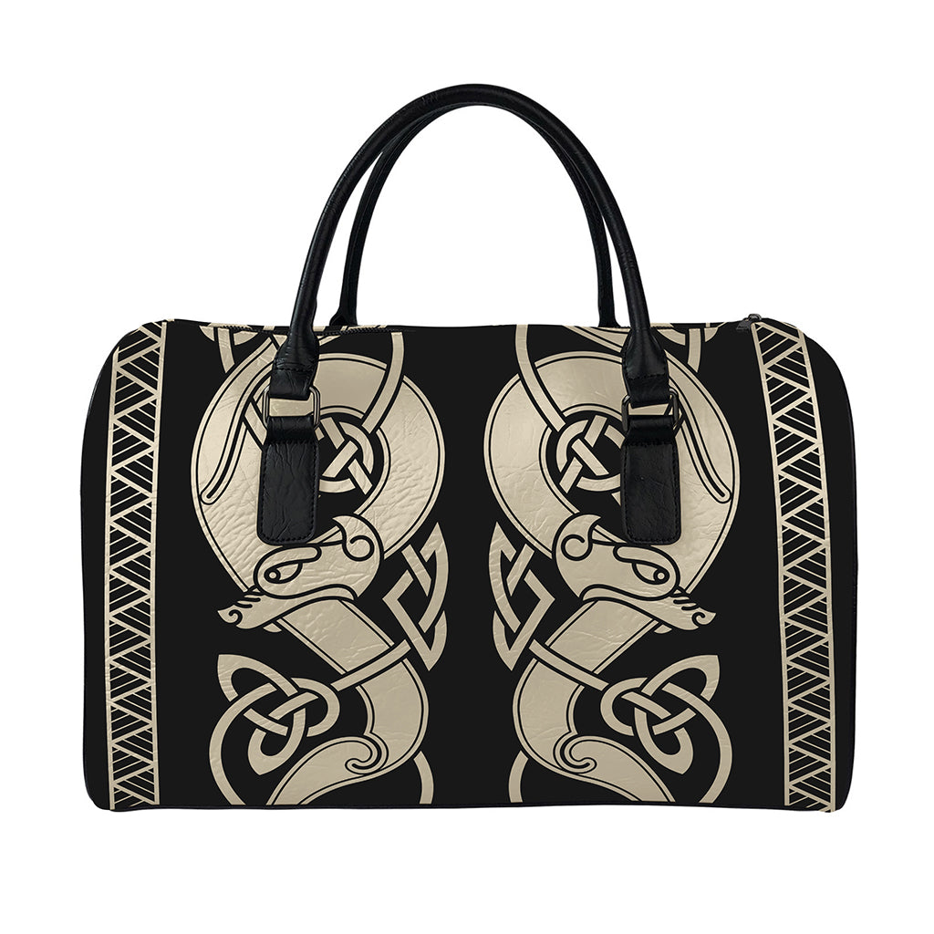 Viking Wolves Symbol Print Leather Duffle Bag