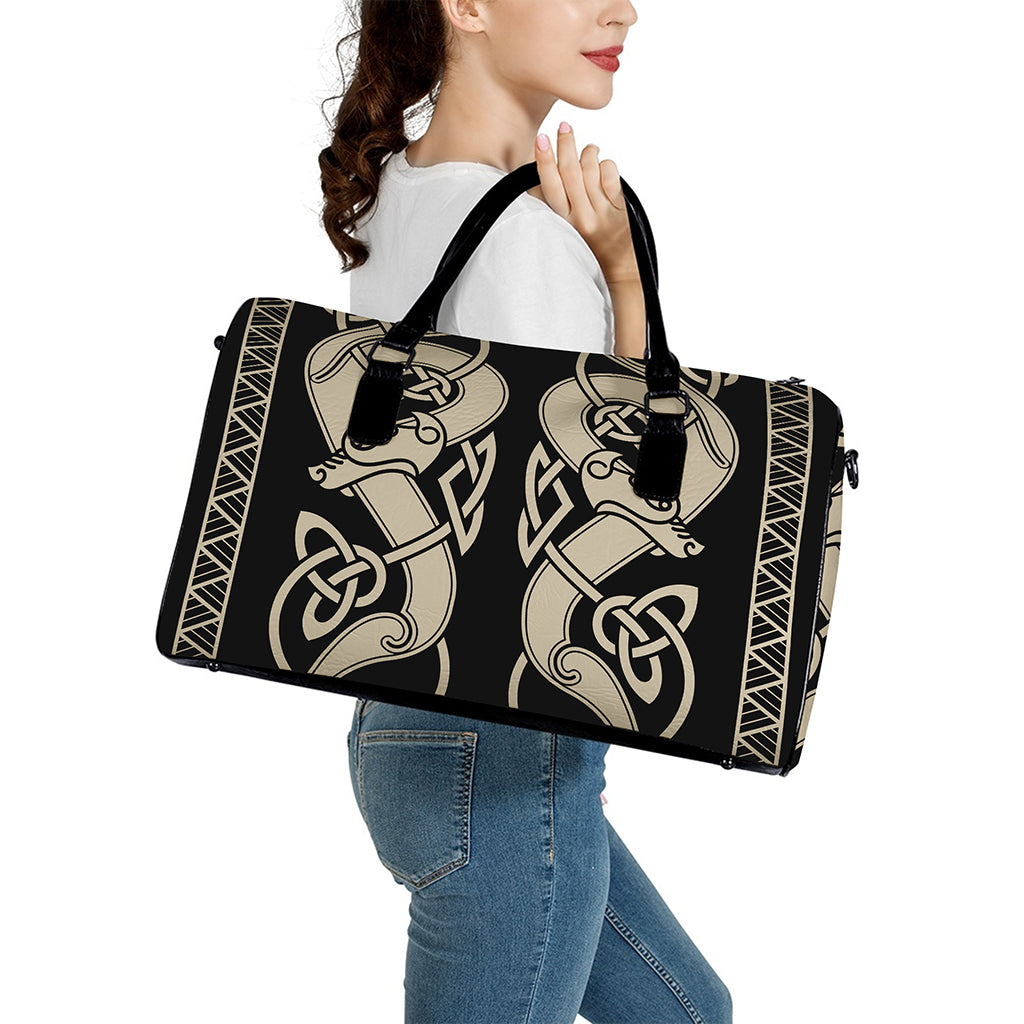 Viking Wolves Symbol Print Leather Duffle Bag