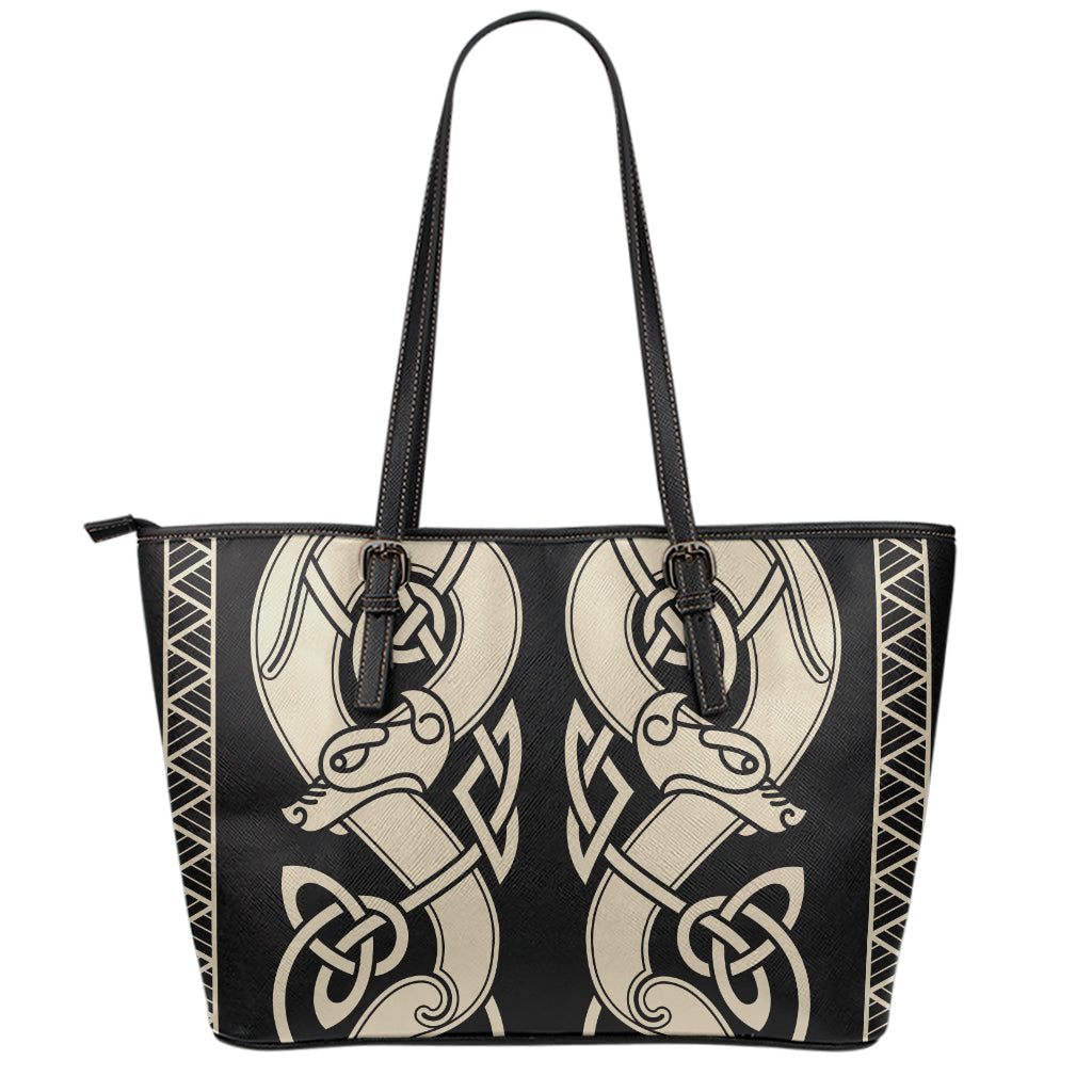 Viking Wolves Symbol Print Leather Tote Bag